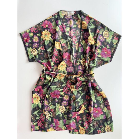 NWOT Vintage LINDA for LA VIE EN ROSE Black Floral Chiffon Kimono Robe, One Size - Picture 5 of 11